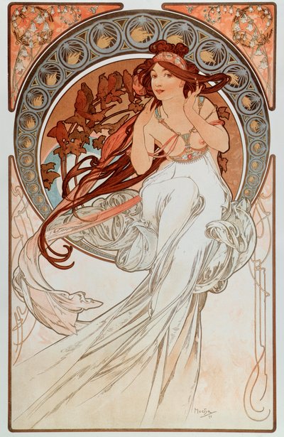 De muziek. Uit een serie lithografieën door Alphonse Mucha