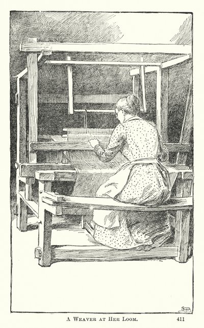 Een weefster aan haar weefgetouw (gravure) door American School