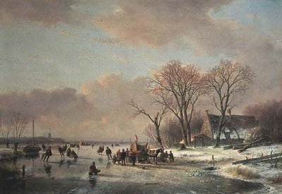 Winter rivierlandschap met talrijke schaatsers door Andreas Schelfhout