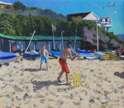 Cricket en gele stokken, Abersoch door Andrew Macara