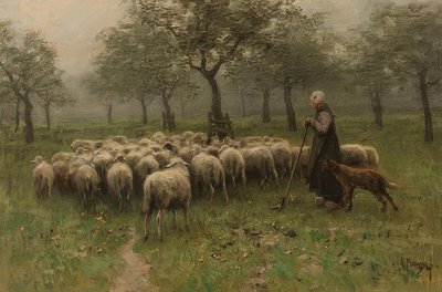 Herderin met een kudde schapen door Anton Mauve