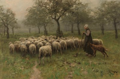 Herderin met een kudde schapen door Anton Mauve