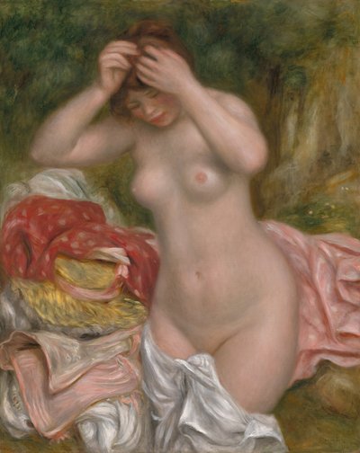 Bader die haar haar arrangeert door Auguste Renoir