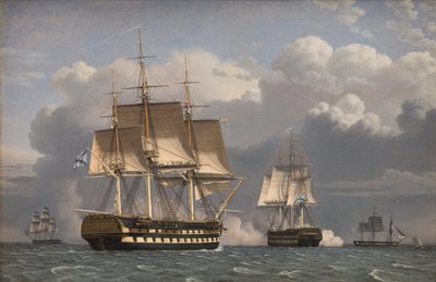 Twee Russische linieschepen groeten door Christoffer Wilhelm Eckersberg