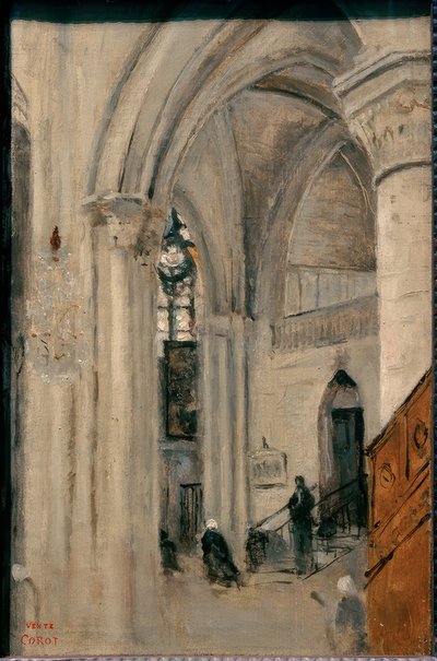 Mantes, kerkinterieur door Jean Baptiste Camille Corot