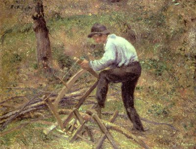 Pere Melon Zaagt Hout, Pontoise, 1879 door Camille Jacob Pissarro