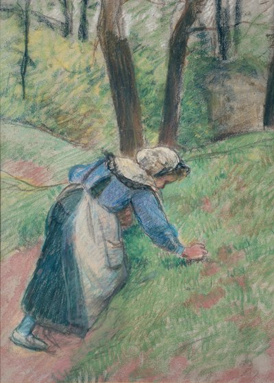 Boerin die het gras wiedt door Camille Pissarro