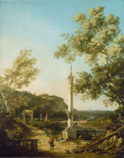 Engels landschap capriccio met een zuil door Canaletto