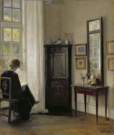 Interieur met lezende vrouw door Carl Holsoe