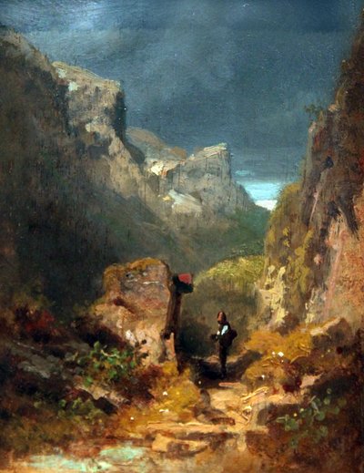 Berglandschap met kruisbeeld op een rots door Carl Spitzweg