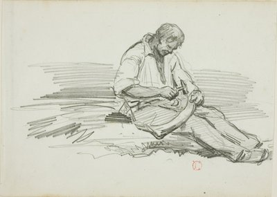 Man die een zeis repareert door Charles Francois Daubigny