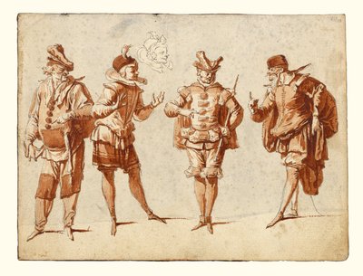 Vier figuren in theaterkostuum door Claude Gillot