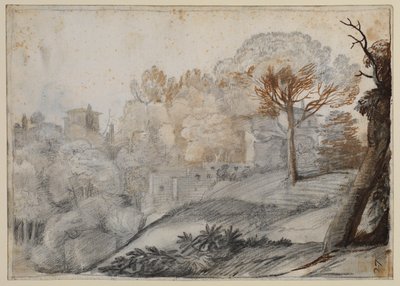 Landschap met bomen en gebouwen door Claude Lorrain