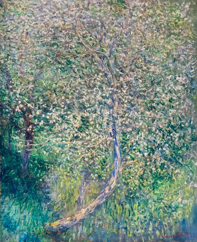 Bloeiende appelbomen aan de waterkant door Claude Monet