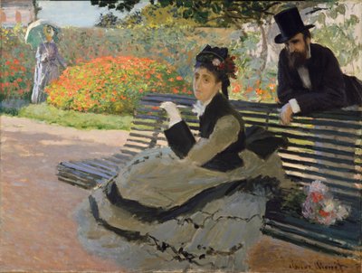 Camille Monet op een tuinbank door Claude Monet