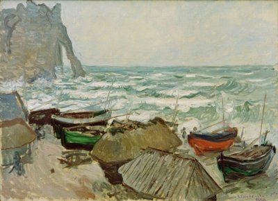 Vissersboten op het Strand van Etretat door Claude Monet