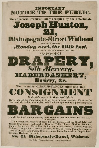 Advertisement for Bargains door English School