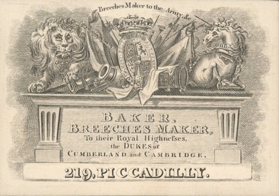 Baker, broekmaker, 219 Piccadilly, handelskaart door English School