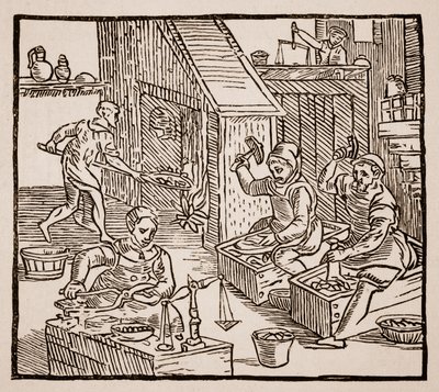 Muntmeesters aan het werk, 1577 door English School