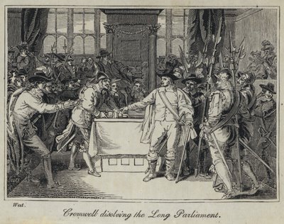 Cromwell ontbindt het Lange Parlement (gravure) door English School