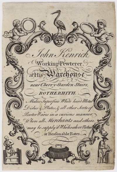 Pewterer, John Kenrick, handelskaart door English School