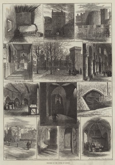 Schetsen in de Tower of London (gravure) door English School