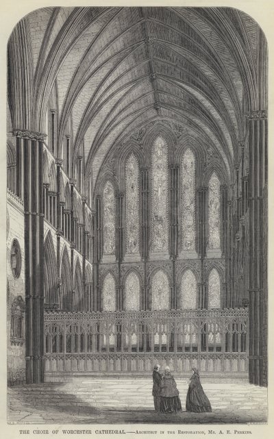 Het koor van de Worcester Cathedral (gravure) door English School