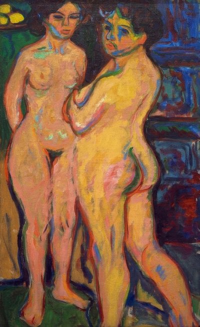 Staande Naakte Meisjes bij de Kachel door Ernst Ludwig Kirchner