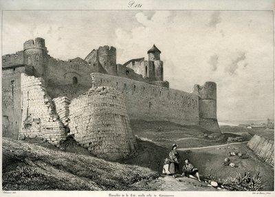 Carcassonne, stadsmuur, zwaar beschadigd door Eugene Emmanuel Viollet le Duc