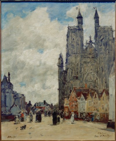 Straat en kerk Saint-Vulfran door Eugene Louis Boudin