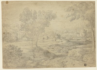 Italiaans landschap met gebouwen door Follower of Nicolas Poussin