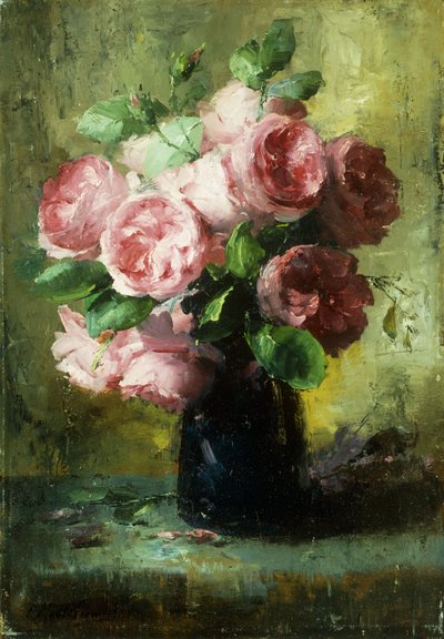 Roze rozen in een vaas door Frans Mortelmans