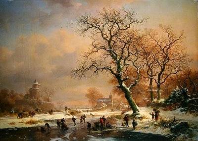 Bevroren winterlandschap met schaatsers door Frederick Marianus Kruseman