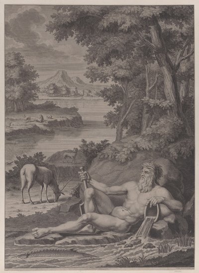 Riviergod in een landschap, 1725 door Frederik Ottens