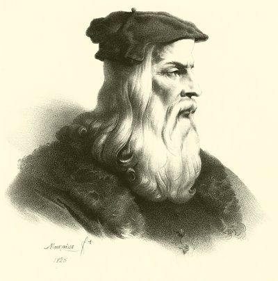 Portret van Leonardo Da Vinci (gravure) door French School