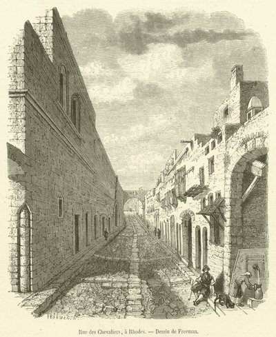 Riddersstraat in Rhodos (gravure) door French School