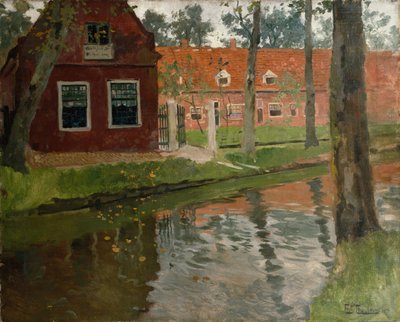 Vanuit Vollendam, rood huis, water door Fritz Thaulow