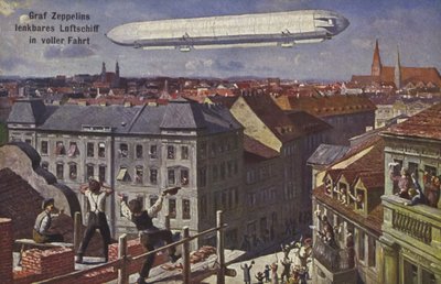 Luchtschip van graaf Ferdinand von Zeppelin in vlucht door German School