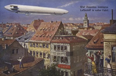 Zeppelin luchtschip in vlucht door German School