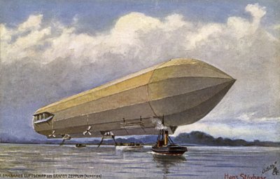 Zeppelin luchtschip stijgt op vanaf een meer door German School