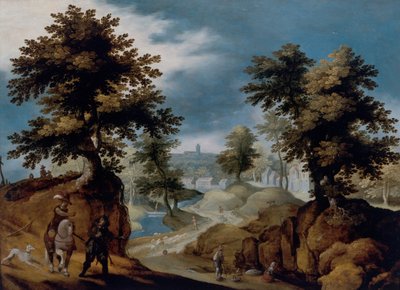 Landschap met figuren door Gillis van III Coninxloo