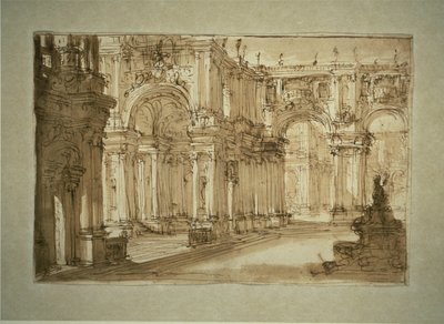 Paleisachtige binnenplaats met een fontein door Giovanni Battista Piranesi