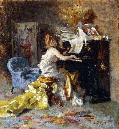 Vrouw aan een piano door Giovanni Boldini