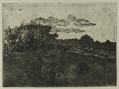 Platteland bij zonsondergang met varkenshoeders door Giovanni Fattori