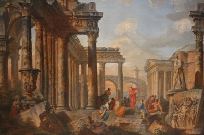 Romeinse ruïnes met een prediker door Giovanni Paolo Panini