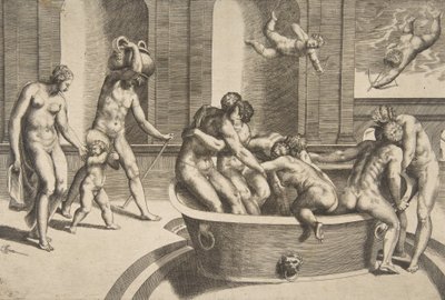 Mannen en vrouwen badend, sommige omhelzend, 1531-76 door Giulio Bonasone