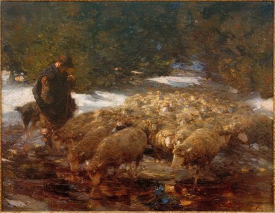 Herder met schapen in landschap door Heinrich von Zügel