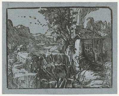 Landschap met waterval door Hendrick Goltzius