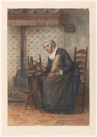 Oude vrouw in interieur aan spinnewiel door Hendrik Valkenburg