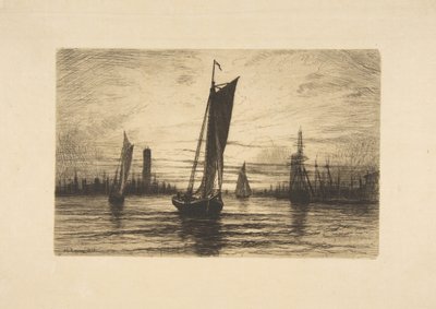 Zonsondergang aan de East River, 1879 door Henry Farrer